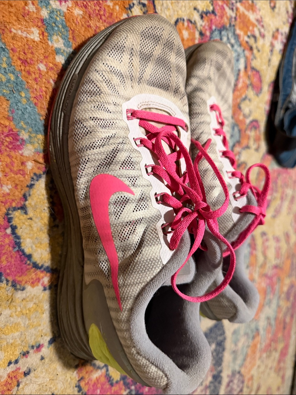 Nike Gray Mesh Trainers with Bright Pink Swoosh and Laces